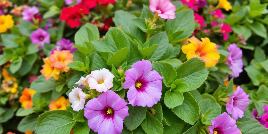 Portulakk med grønne blader og fargerike blomster.