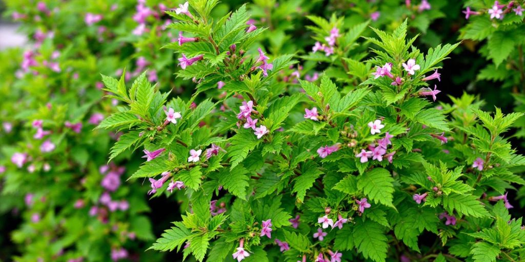 Fotografi av Løvehale med grønne blader og rosa blomster.