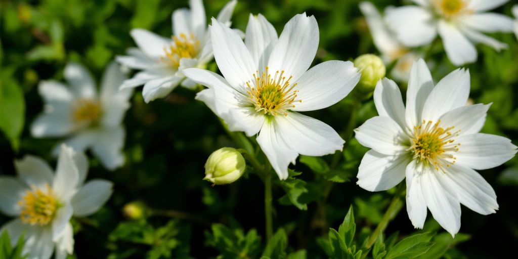 Hvitveis blomster med hvite kronblader og grønt bladverk.
