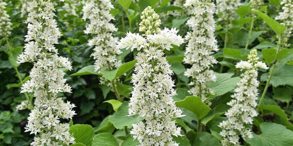 Nærbilde av Kvann med grønne blader og blomster.