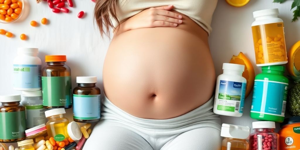 Gravid kvinne med vitaminer og kosttilskudd.