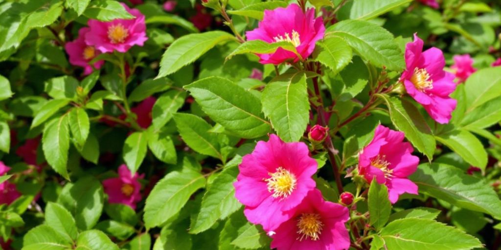 Steinnype med rosa blomster og grønne blader.