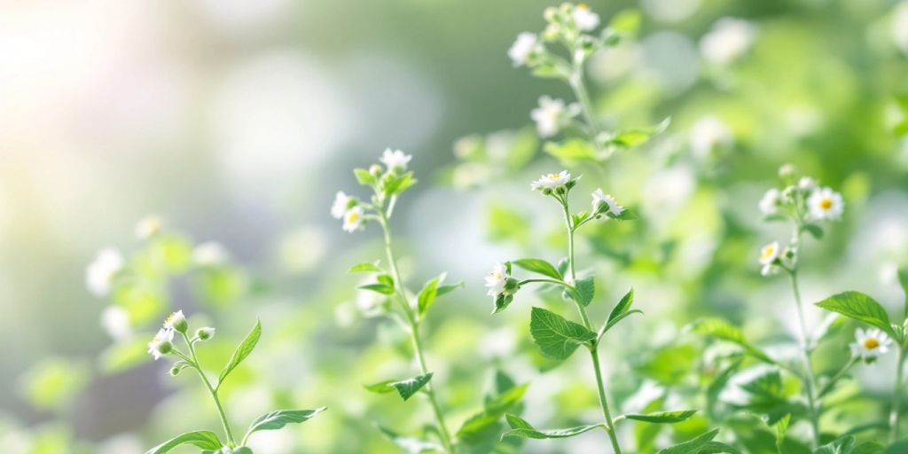 Loppekjempe planter med grønne blader og hvite blomster.