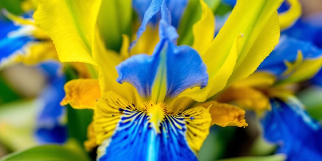 Nærbilde av Praktiris-blomst med blå og gule kronblad.