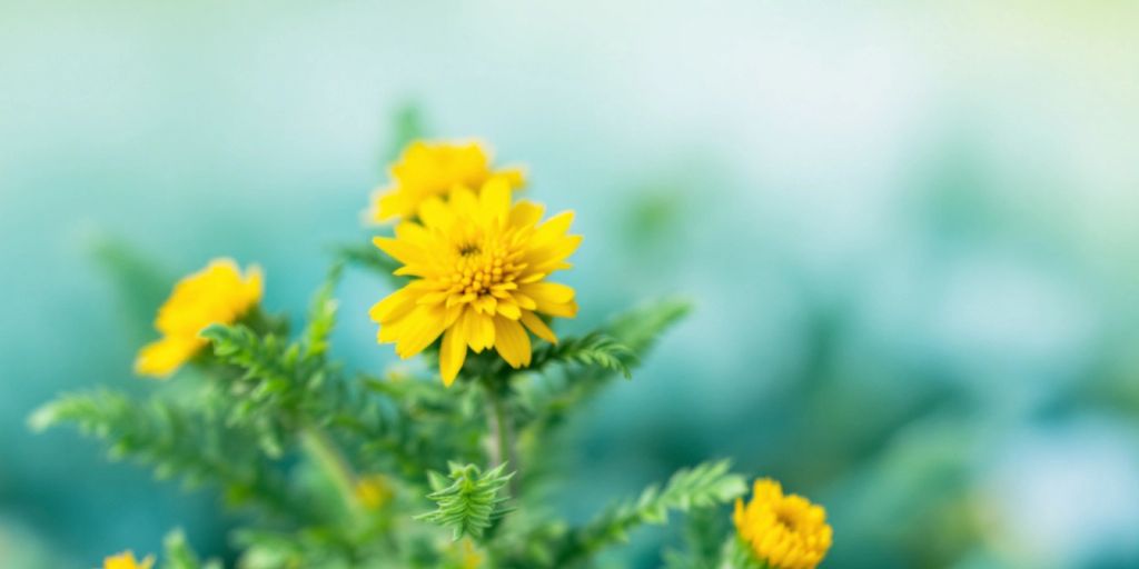 Nærbilde av Reinfann med gule blomster og grønne blader.