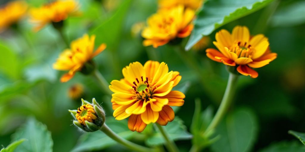 Enghumleblom med gule og oransje blomster.