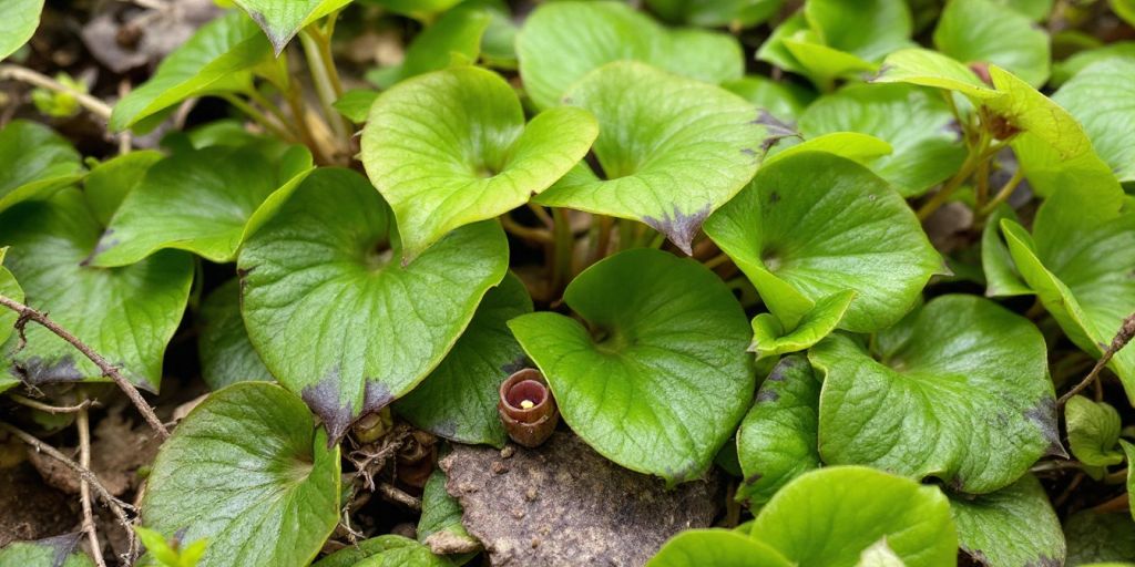 Hasselurt med hjerteformede, grønne blader og brune blomster.