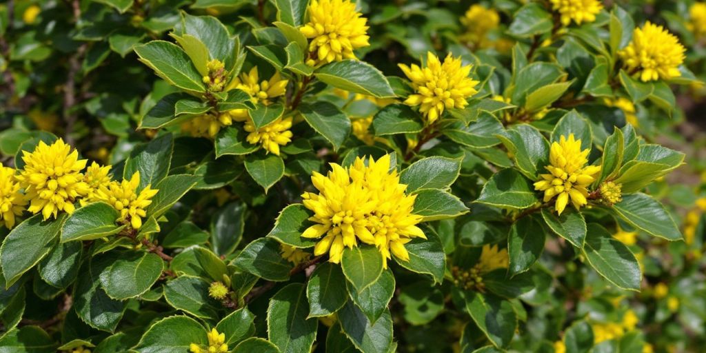 Mahonia aquifolium med gule blomster og grønne blader.
