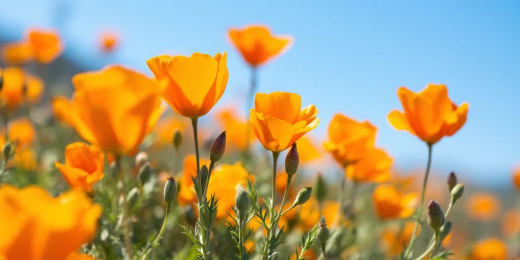 Nærbilde av kaliforniavalmuens oransje blomster.