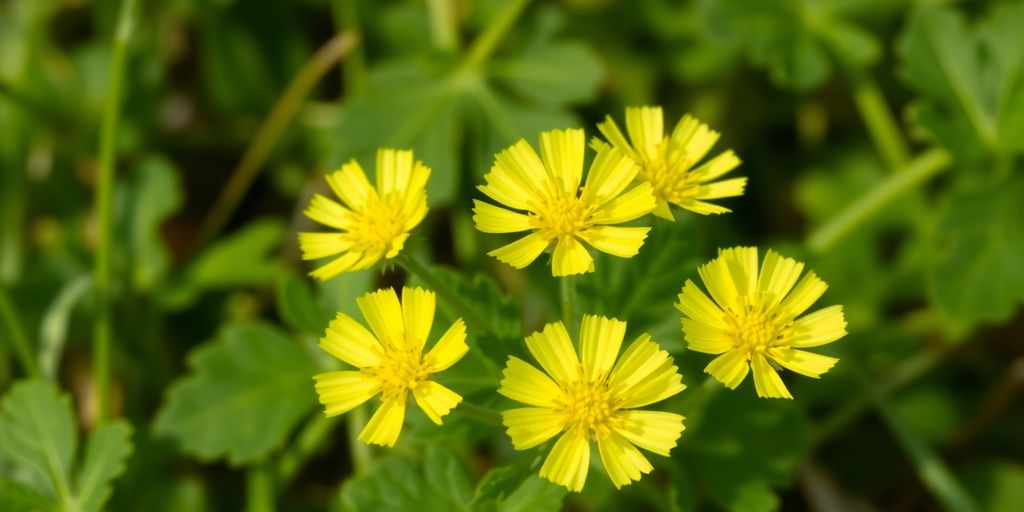 Gule blomster av vårkål med grønne blader.