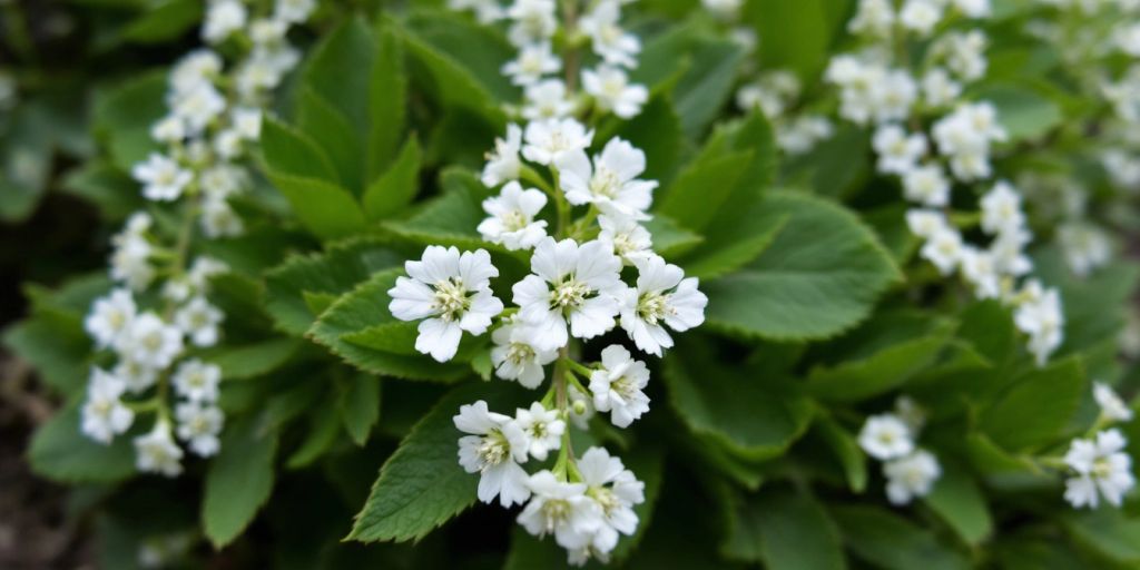 Nærbilde av Gjeldkarve med hvite blomster.