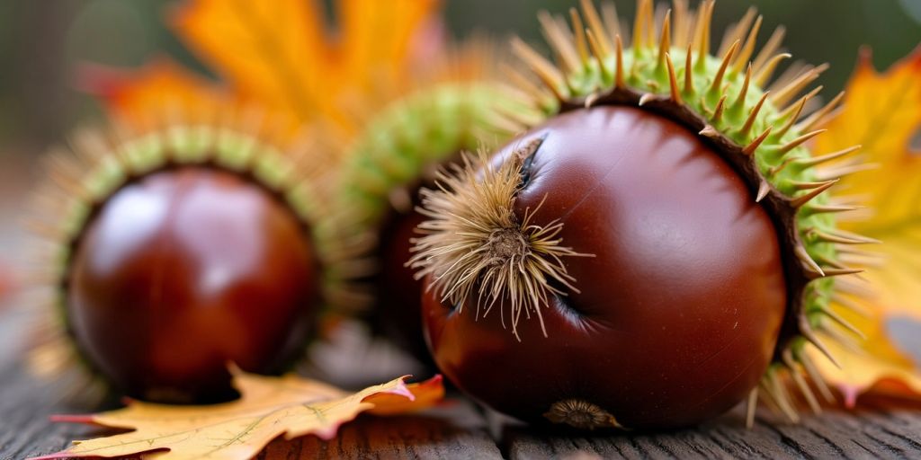 Edelkastanje i spiky skall på bakgrunn av blader.
