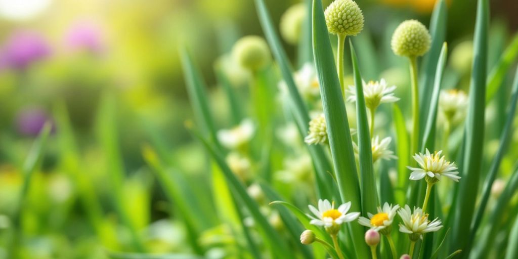 Pipeløk med grønne stilker og hvite blomster.