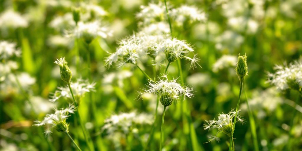 Gulaks med grønne blader og fjæraktige blomster.