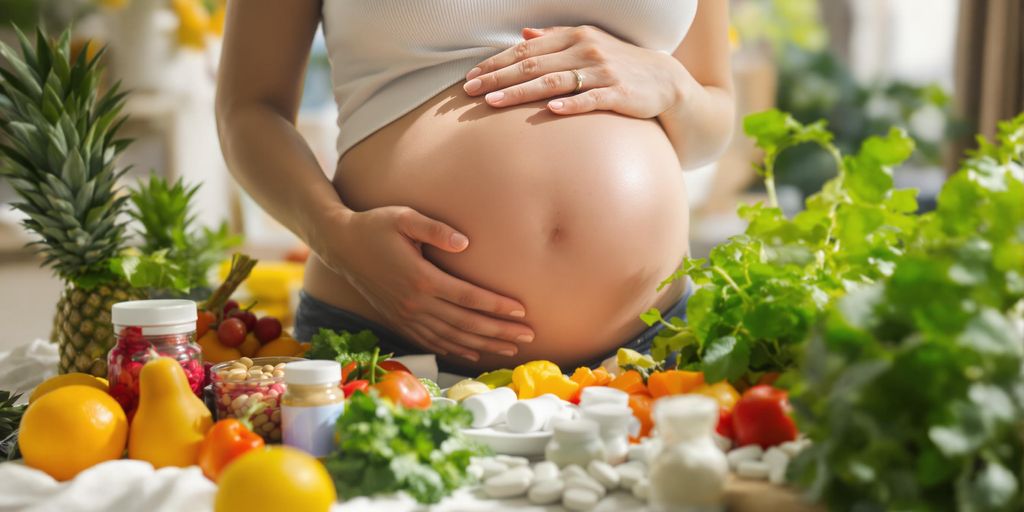 Gravid kvinne med frukt, grønnsaker og kosttilskudd.
