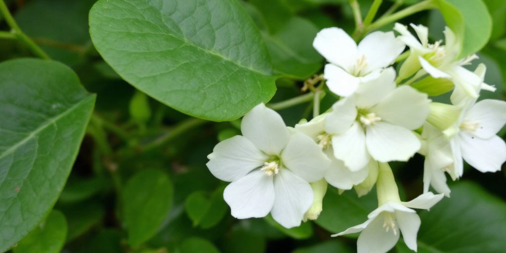 Legevintergrønn med runde blader og hvite blomster.