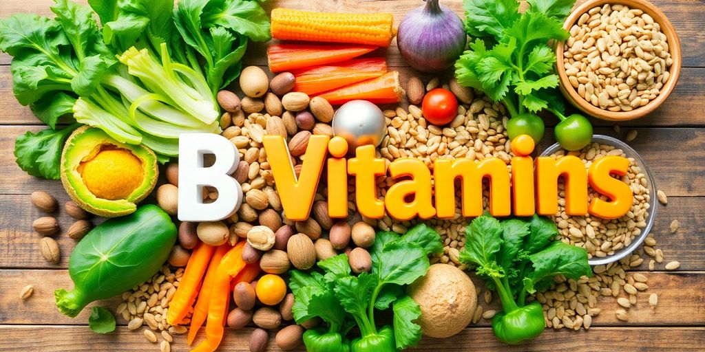 Fargerik samling av B vitaminholdige matvarer.