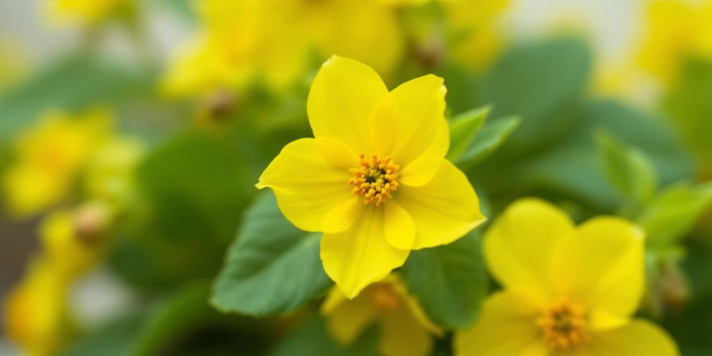 Gul blomst av Kusymre med grønne blader.