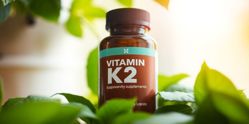 Bilde av K2 vitaminflaske med grønne blader.