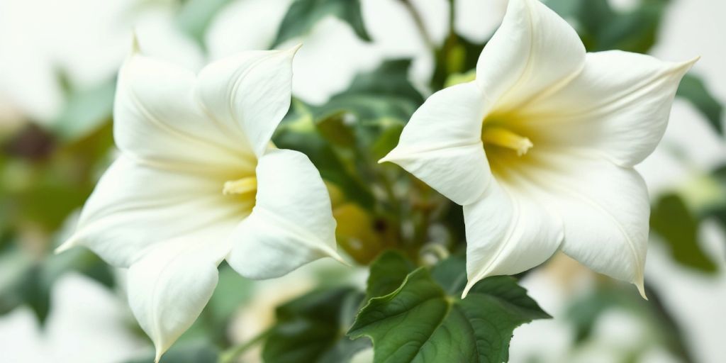 Datura stramonium med hvite blomster og grønt bladverk.