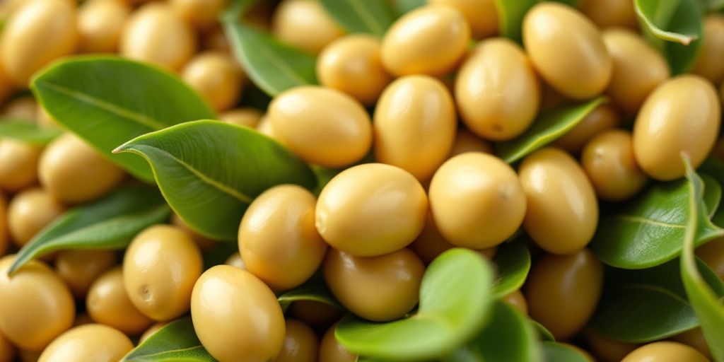 Nærbilde av jojoba frø og blader.