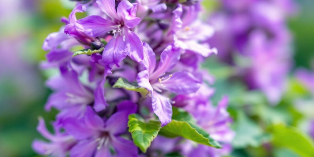 Nærbilde av Koreamynte blomster med grønne blader.