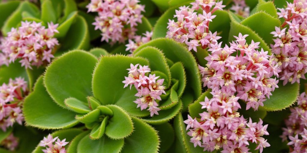 Nærbilde av Smørbukk med grønne blader og rosa blomster.