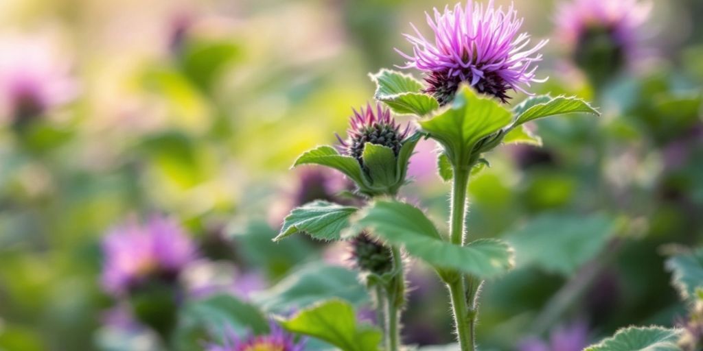 Storborre plante med store grønne blader og lilla blomster.
