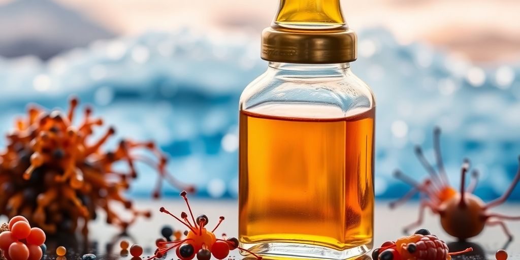 Kalanus olje i en klar glassflaske.