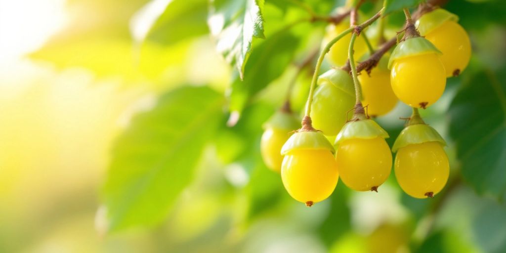 Ripe stikkelsbær hengende fra grønne blader.