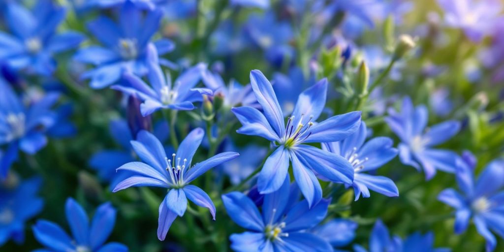 Nærbilde av blå linblomster med grønt bladverk.