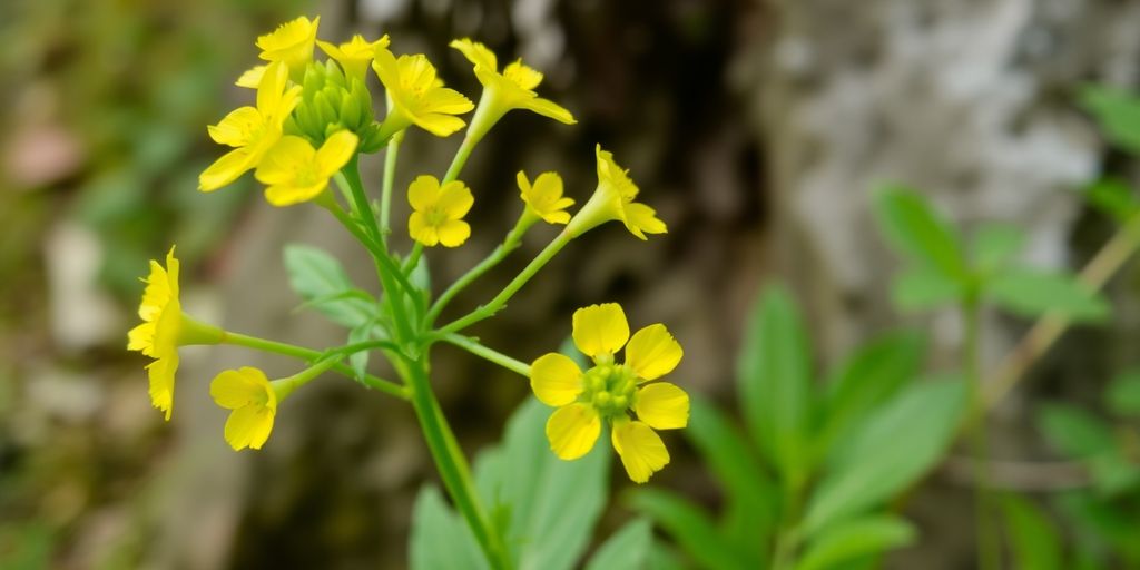 Nærbilde av Vinterkarse med gule blomster.
