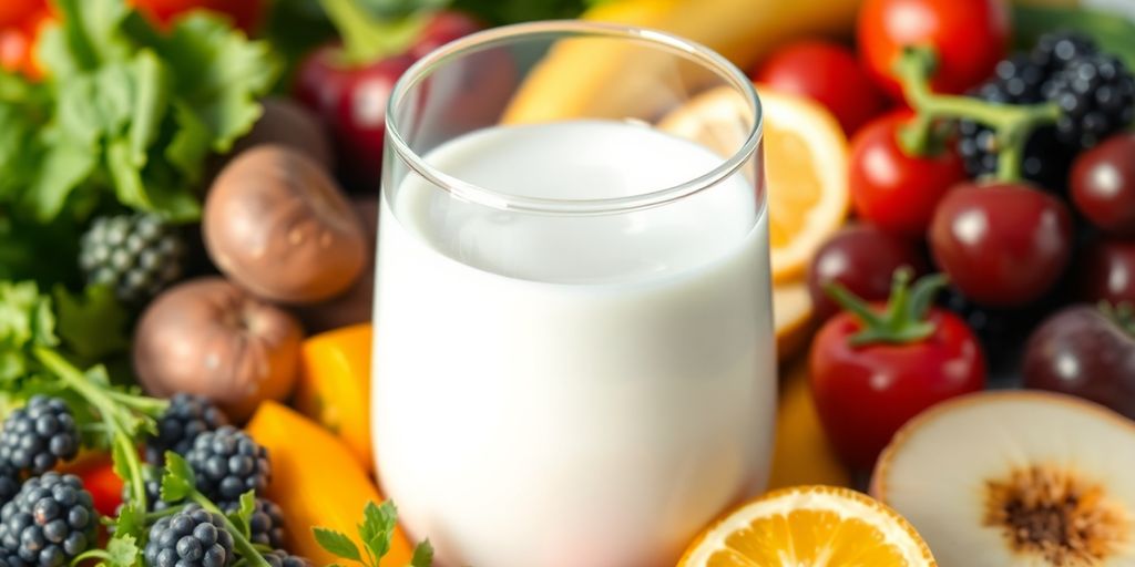 Melk med vitaminer og næringsstoffer rundt.