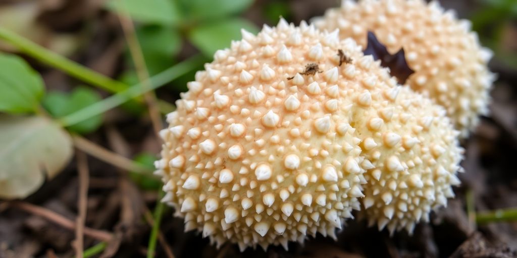 Vorterøyksopp med liten, puffy form og hvite pigger.