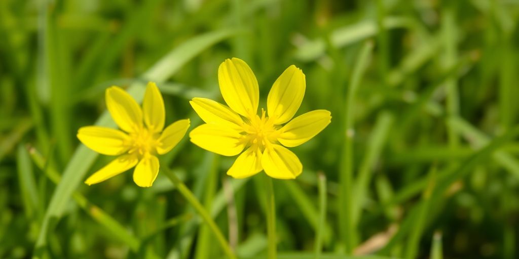 Våradonisblomst med gule kronblader og grønn bakgrunn.