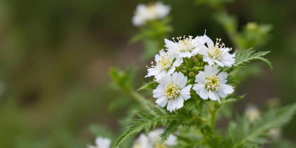 Nærbilde av Ryllikblomster med grønne blader.
