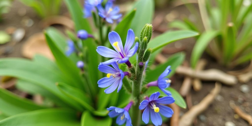 Nærbilde av Bitterblåfjær med blå blomster
