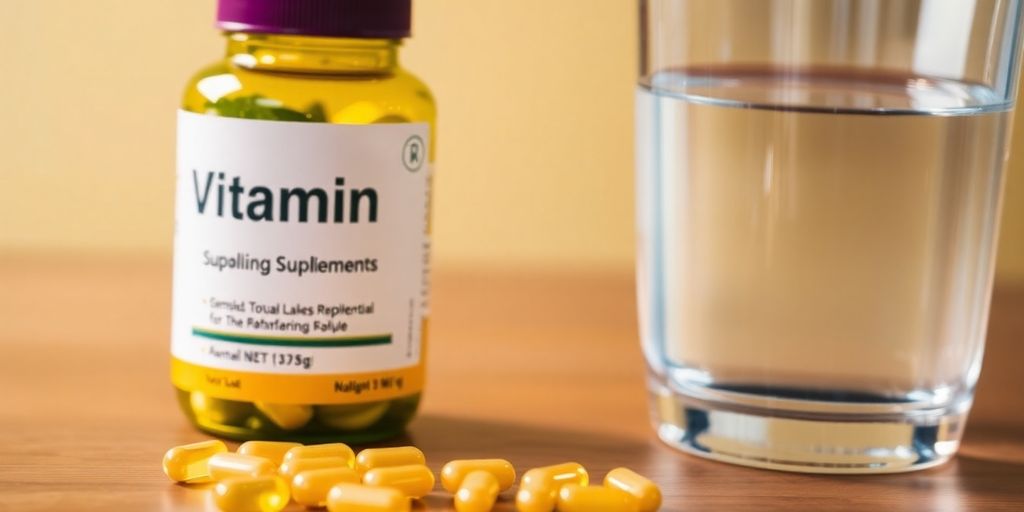 D vitamin kosttilskudd med vann på bordet.