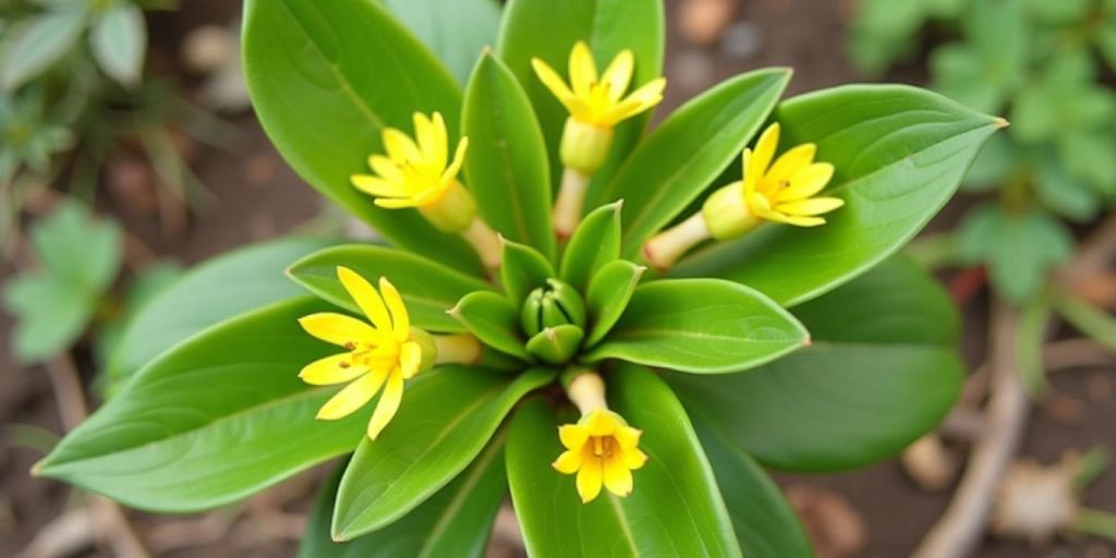 Nærbilde av Caulophyllum thalictroides med gule blomster.
