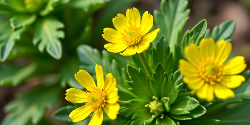 Engsoleie blomster med gule kronblader og grønne blader.