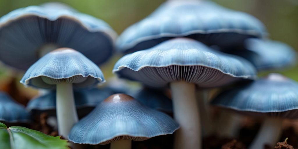 Blågrå østerssopp med glatte hatter og delikate gjeller.